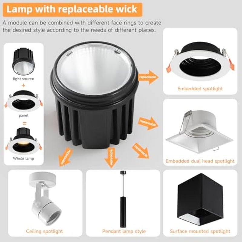 V.nice 6pcs 20W LED Downlight Module – Warm White 3000K, Replaceable Spotlight Core, 1600LM Aluminium Housing, Ceiling Recessed Surface Pendant Mount - Black - Image 4