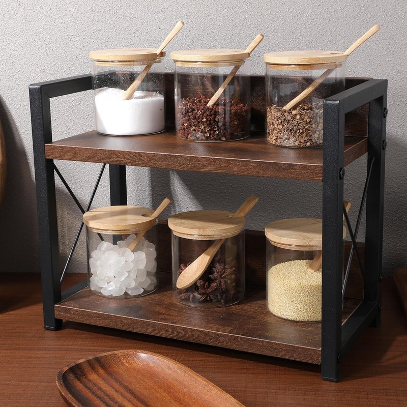 Double Tier Countertop Spice Rack with Tray Carbon Black Kitchen Storage Organizer - Image 5