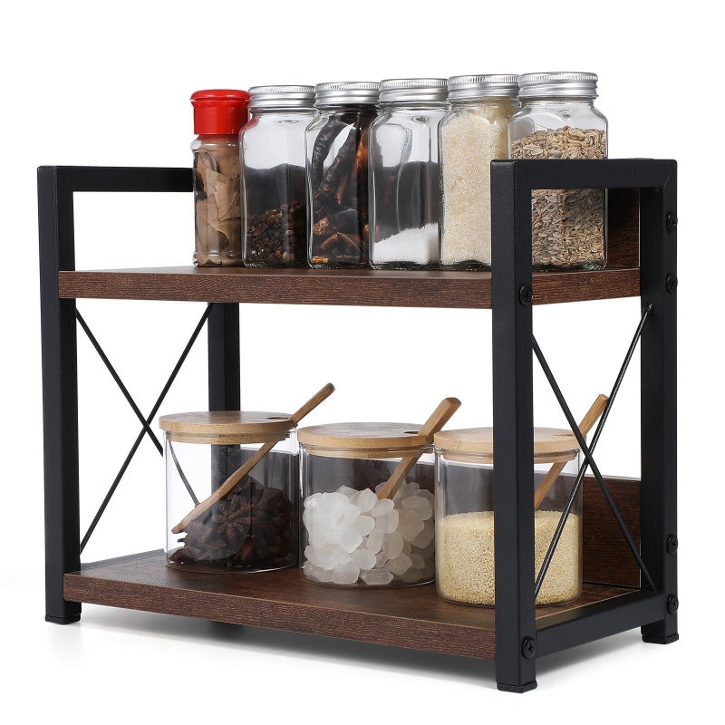 Double Tier Countertop Spice Rack with Tray Carbon Black Kitchen Storage Organizer - Image 2