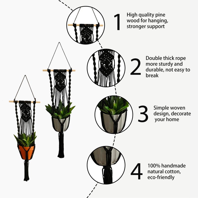 Artilady Black Plant Hanger Macrame Hanging Planter for Indoor Boho Plants Holder with Hooks Hanging Plant Basket Outdoor Window Wall Plants Home Decor (Black Wood Hanger-2pcs) - Image 3