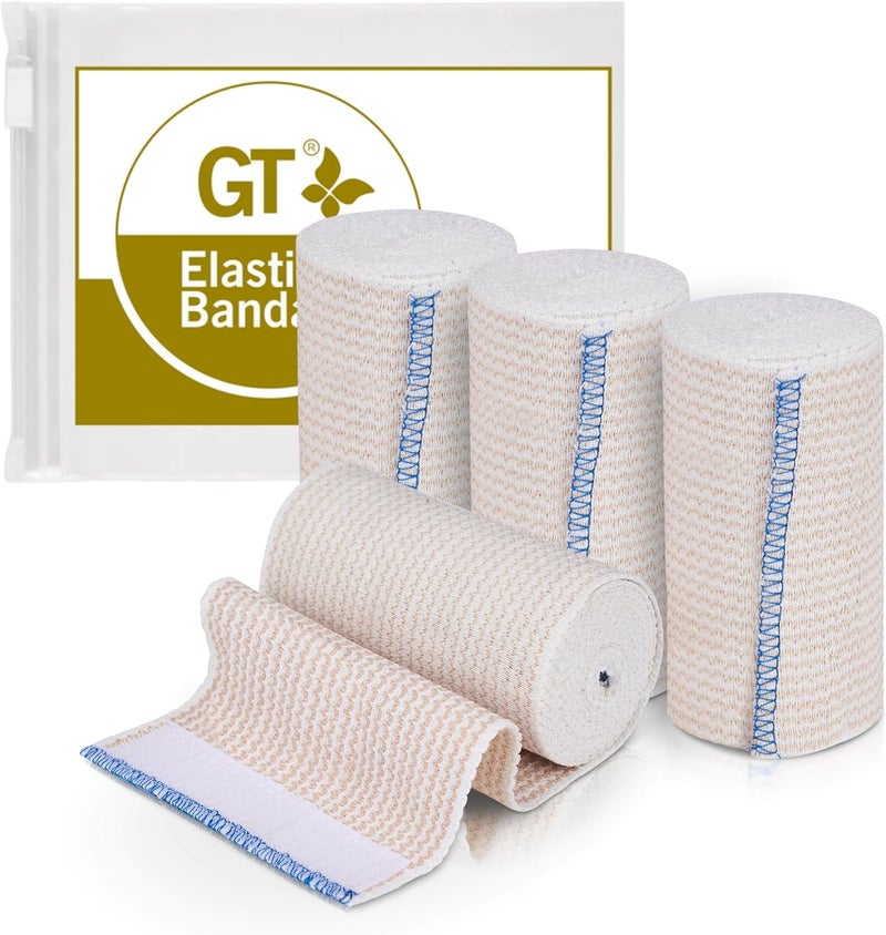 GT Premium Elastic Bandage Wrap (4" 4 Pack) - Hook & Loop Fasteners at Both Ends - Latex Free Hypoallergenic Compression Roll - Reusable Bandages for Waist, Legs, Elbow & Knee Wrap 
