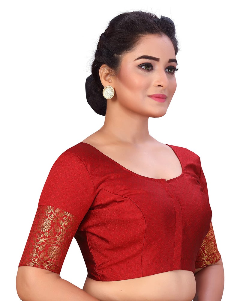 Studio Shringaar Women's Readymade Brocade Saree Blouse with Kanjivaram Border Elbow Length Sleeves(Maroon, 46) - Image 2
