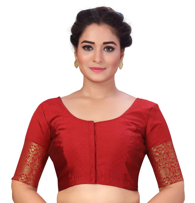 Studio Shringaar Women's Readymade Brocade Saree Blouse with Kanjivaram Border Elbow Length Sleeves(Maroon, 46) - Image 1