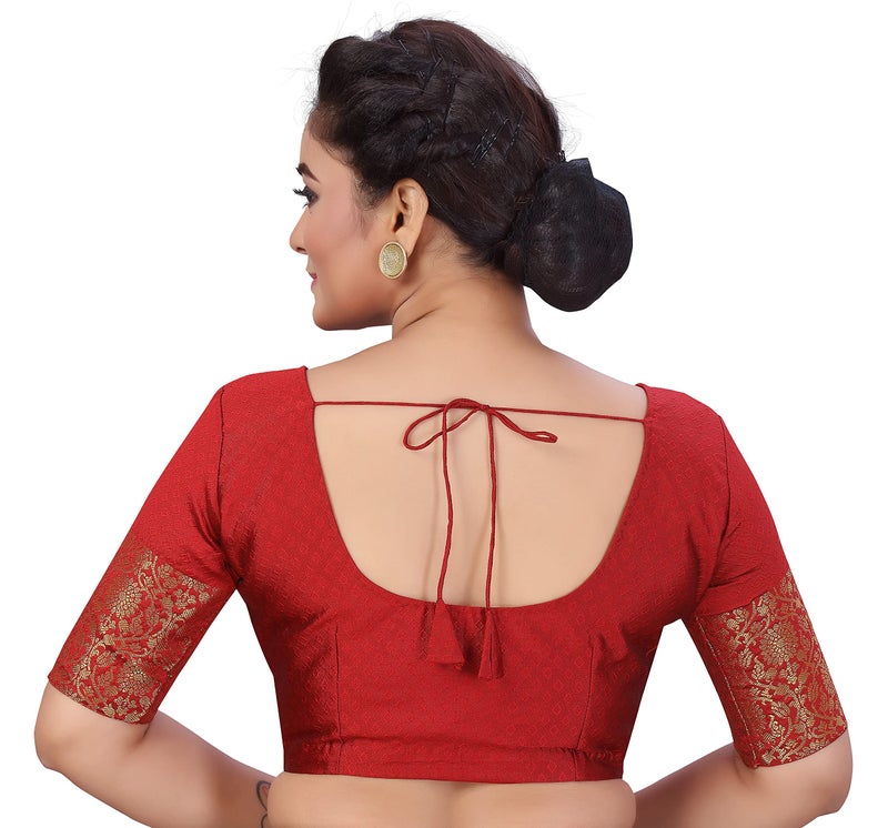 Studio Shringaar Women's Readymade Brocade Saree Blouse with Kanjivaram Border Elbow Length Sleeves(Maroon, 46) - Image 3