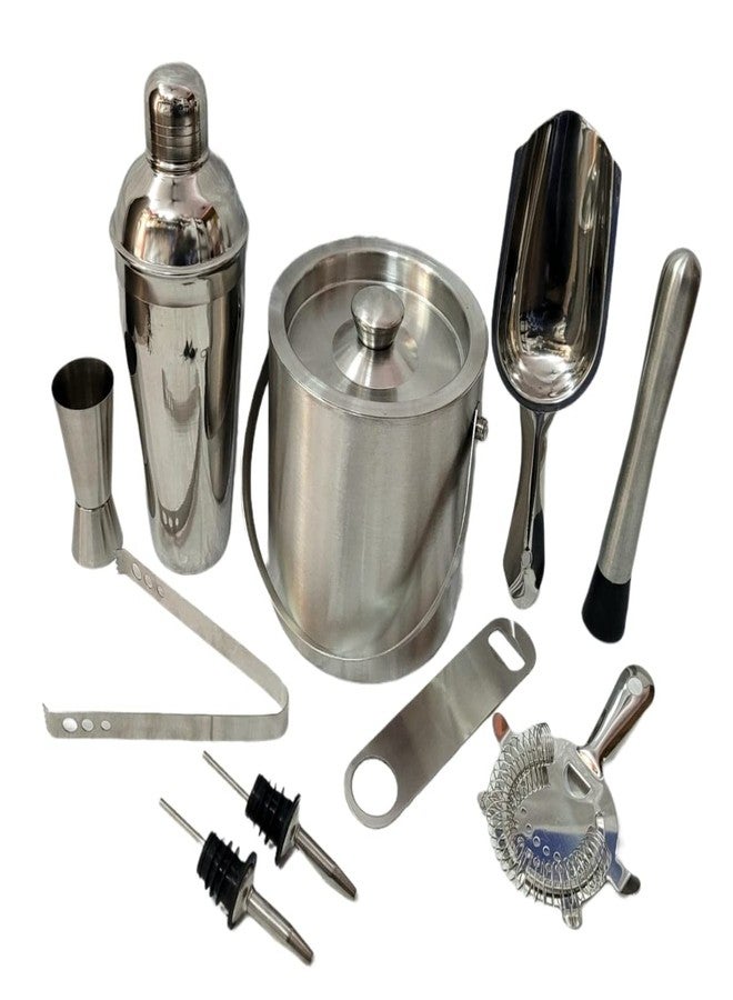 Nooks Premium Stainless Steel Cocktail Shaker (750ML) Set, Silver, 10-Piece Bar Kit with Ice Bucket Strainer, Jigger, Mixing Spoon Pourer (2pcs) for Home Bartending (Medium) - Image 2