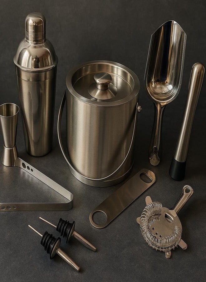 Nooks Premium Stainless Steel Cocktail Shaker (750ML) Set, Silver, 10-Piece Bar Kit with Ice Bucket Strainer, Jigger, Mixing Spoon Pourer (2pcs) for Home Bartending (Medium) - Image 1