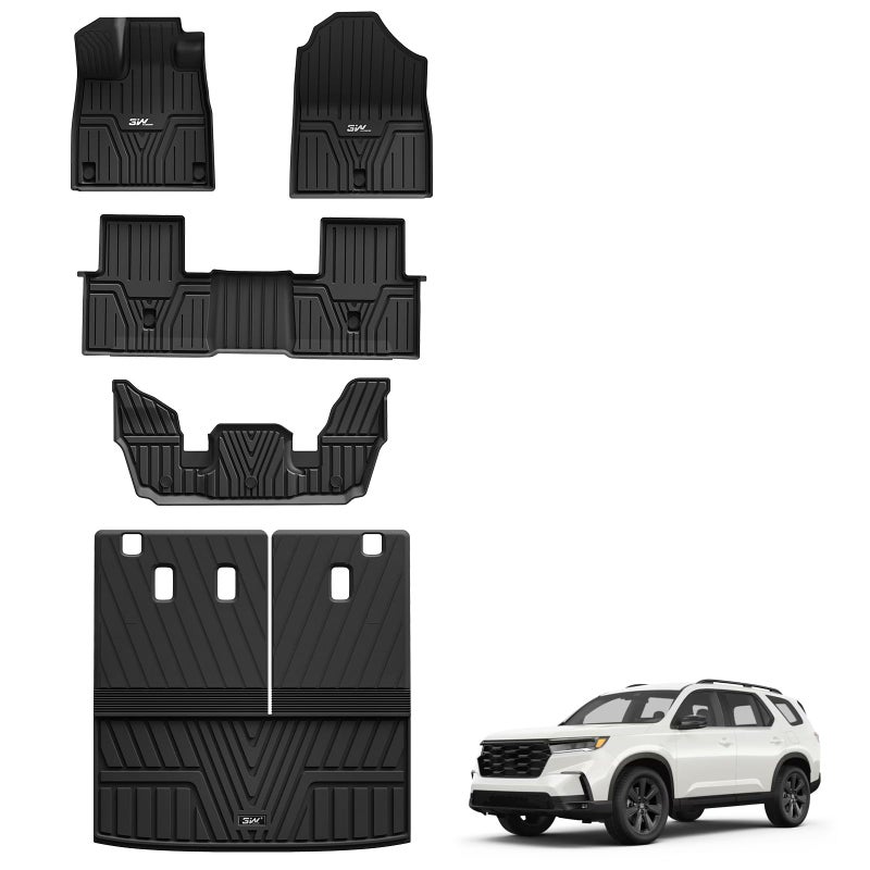 3W Floor Mats and Cargo Liner Fit for Honda Pilot 2023 2024 2025 Custom Fit All Weather Honda Pilot Accessories Odorless AntiSlip TPE Full Set Mats Black