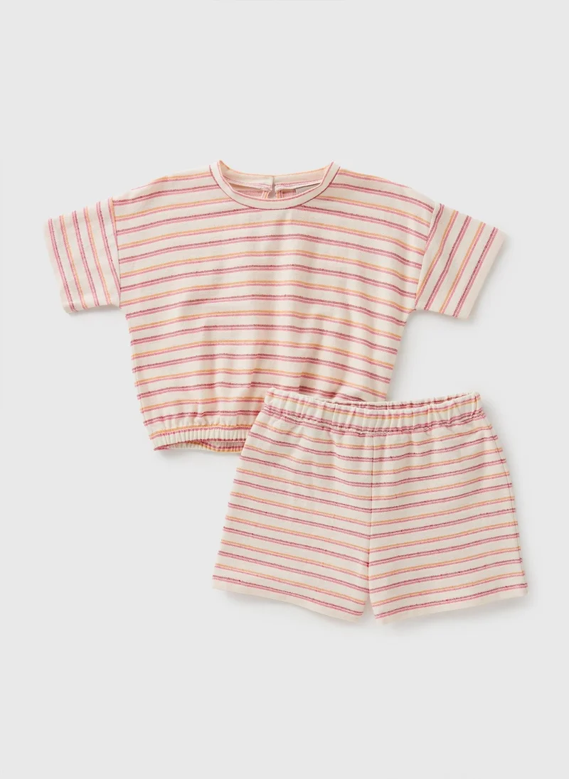 Matalan Girls Coral Striped T-Shirt & Shorts Set