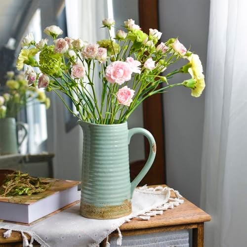 Quoowiit Ceramic Rustic Vase with Handle, Green Distressed Decorative Farmhouse Pitcher Vase for Home Decor Living Room Bedroom Kitchen Office Shelf Decor Centerpiece Table Decoration - Image 2