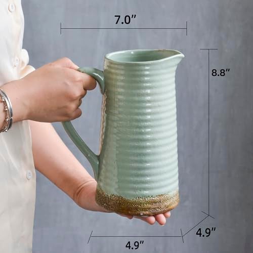 Quoowiit Ceramic Rustic Vase with Handle, Green Distressed Decorative Farmhouse Pitcher Vase for Home Decor Living Room Bedroom Kitchen Office Shelf Decor Centerpiece Table Decoration - Image 5