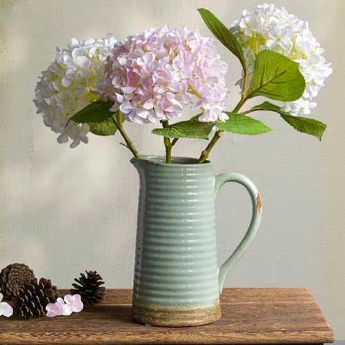 Quoowiit Ceramic Rustic Vase with Handle, Green Distressed Decorative Farmhouse Pitcher Vase for Home Decor Living Room Bedroom Kitchen Office Shelf Decor Centerpiece Table Decoration - Image 1