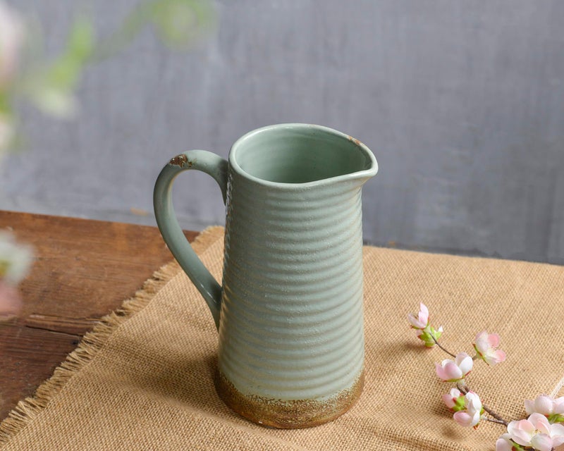 Quoowiit Ceramic Rustic Vase with Handle, Green Distressed Decorative Farmhouse Pitcher Vase for Home Decor Living Room Bedroom Kitchen Office Shelf Decor Centerpiece Table Decoration - Image 3
