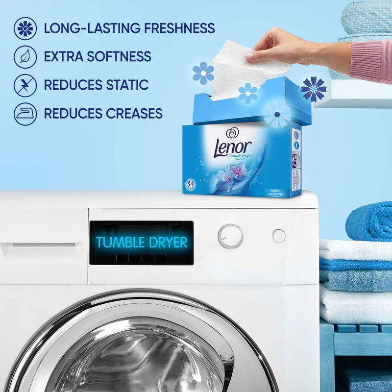 Procter & Gamble LENOR Fabric Tumble Dryer Sheets, 34 Sheets, Spring Awakening, Protect Clothes, Towels Bedding From Creasing Loss Of Freshness Sheets - Image 2