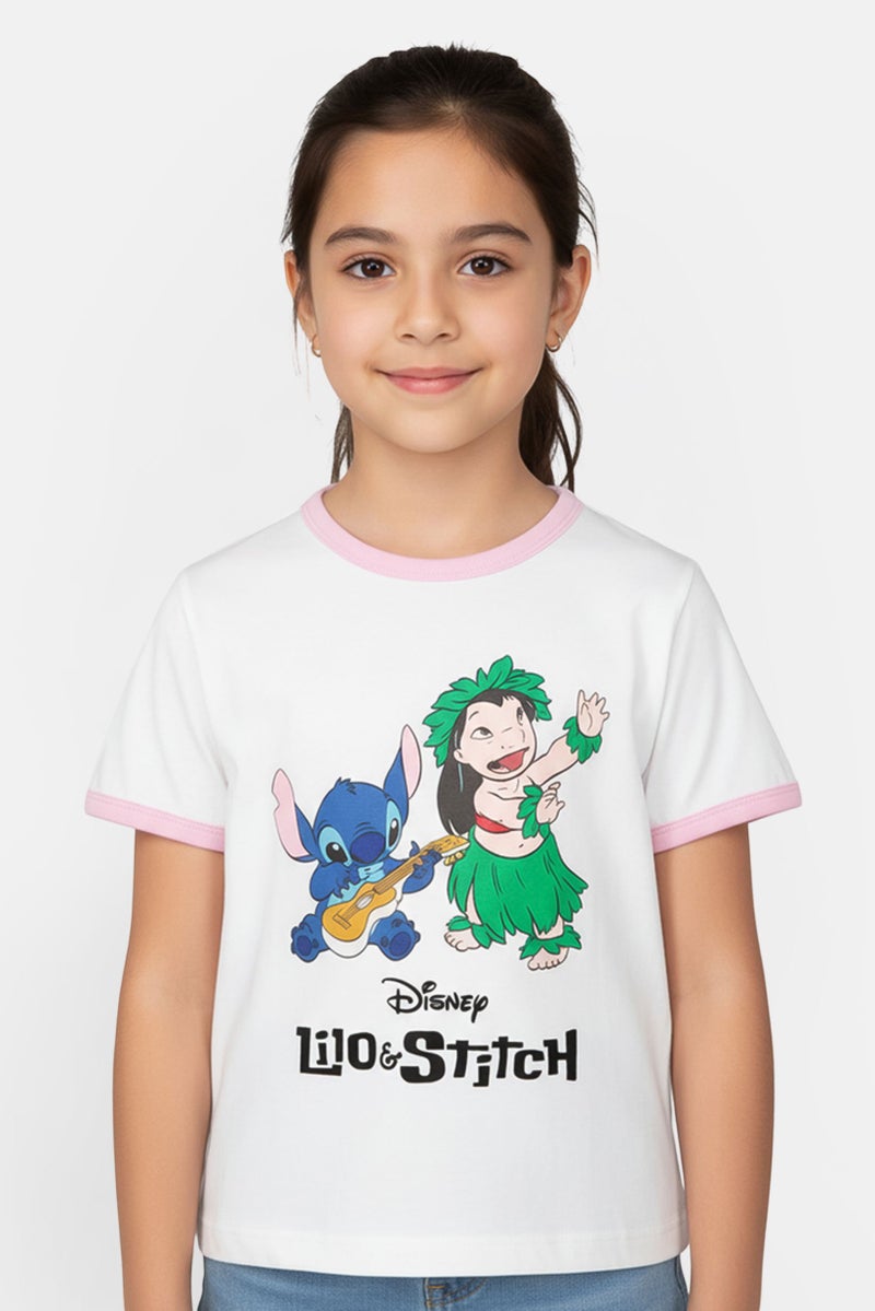 Disney Lilo And Stitch Kids Girl Short Sleeve T-Shirt, White - Image 1