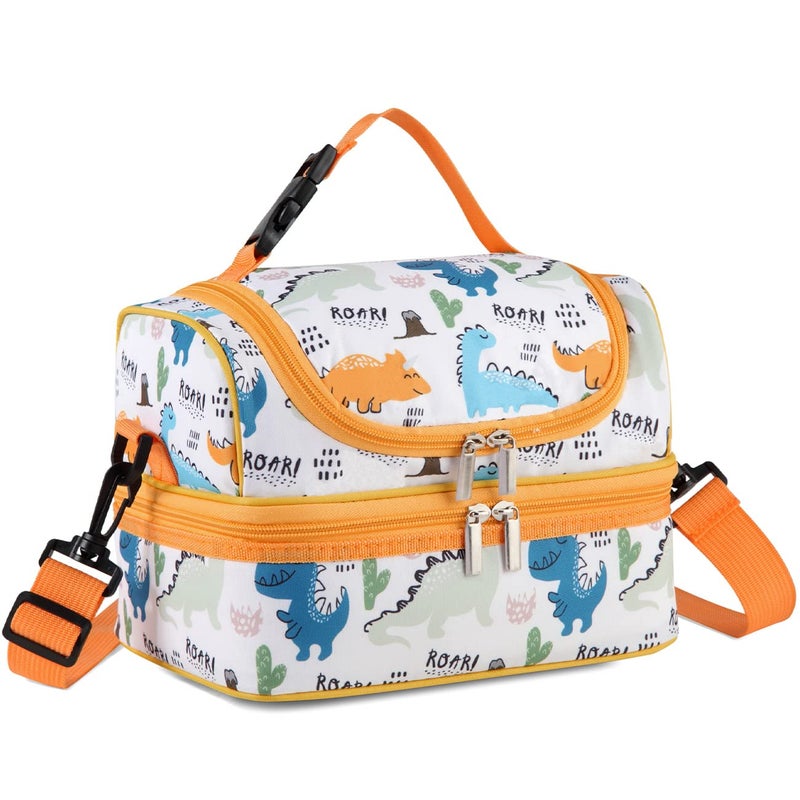 VASCHY Lunch Box Bag Kids Insulated Two Compartments Cooler Bags for Boys Girls w Shoulder Strap for SchoolDaycareKindergartenPicnic Dinosaurs Yellow