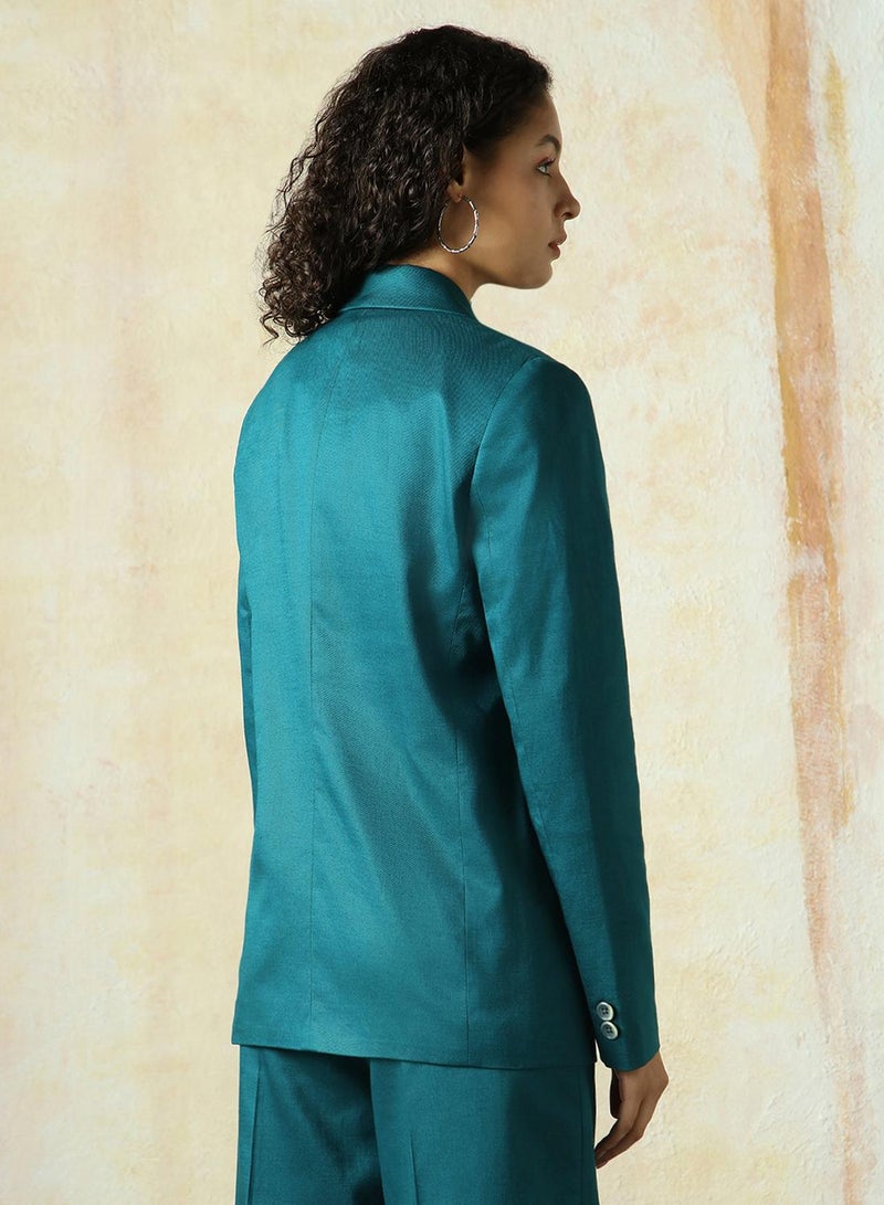 HIGH STAR Women's Deep Teal Cotton Blend Solid Oversized Blazer  - Image 3