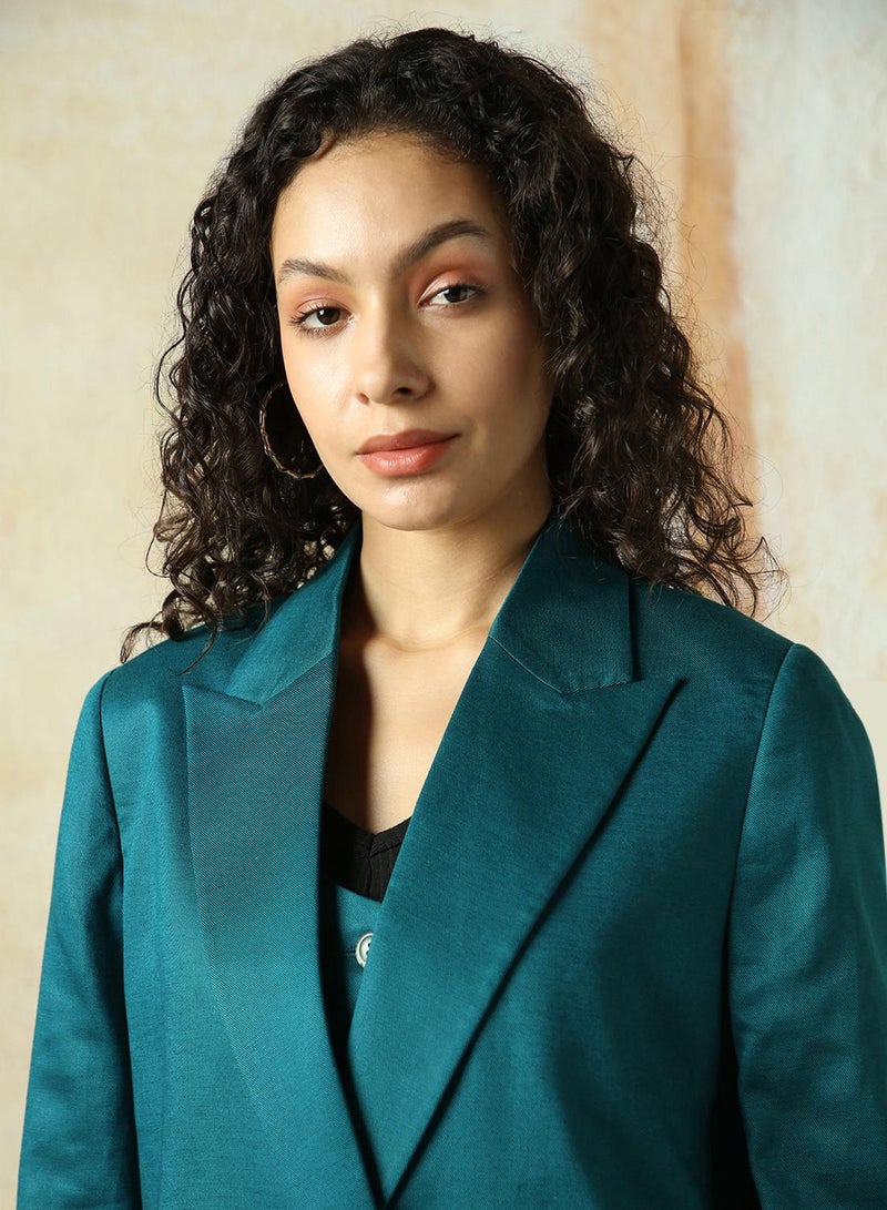 HIGH STAR Women's Deep Teal Cotton Blend Solid Oversized Blazer  - Image 5