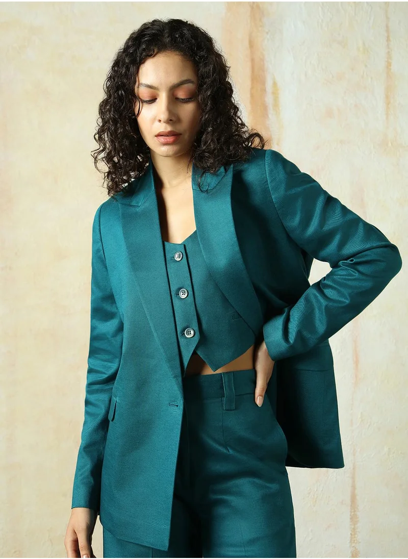 HIGH STAR Women's Deep Teal Cotton Blend Solid Oversized Blazer