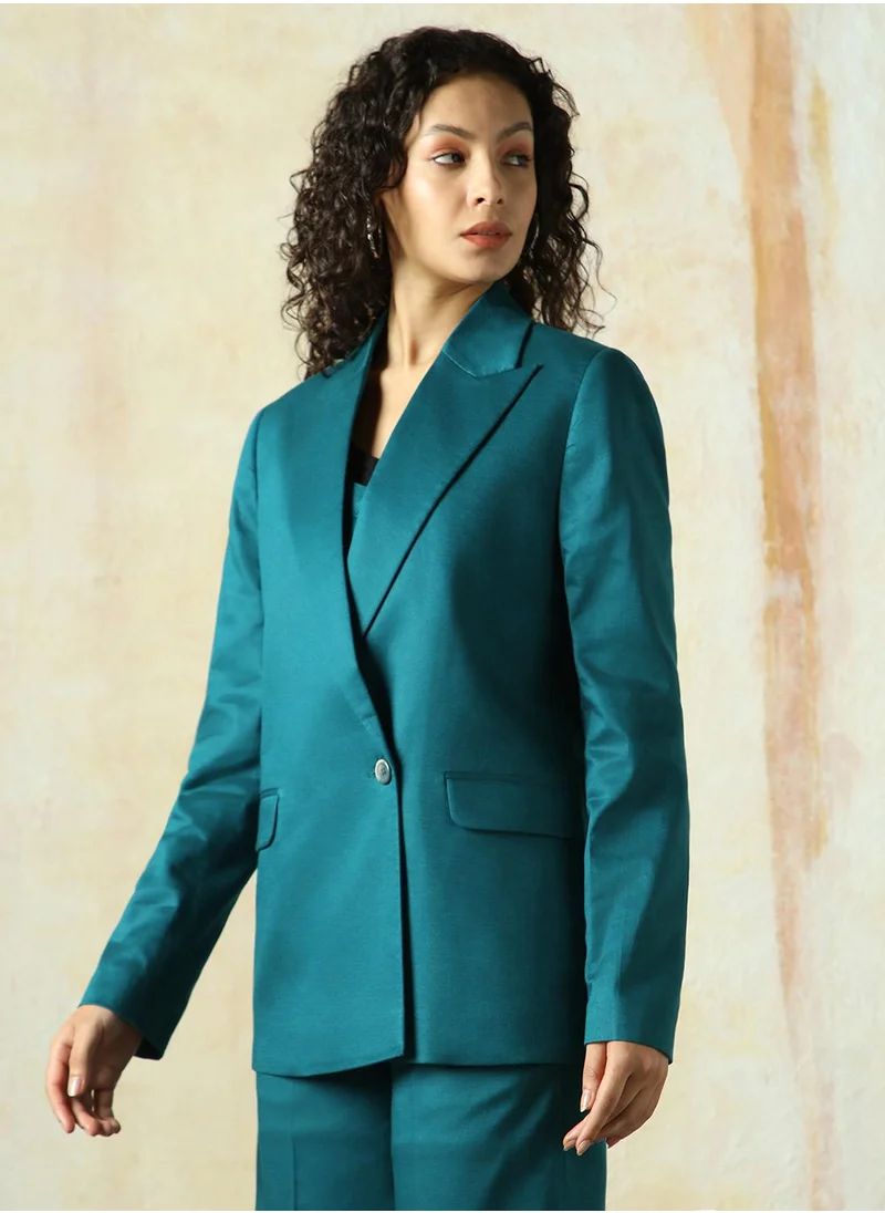HIGH STAR Women's Deep Teal Cotton Blend Solid Oversized Blazer
