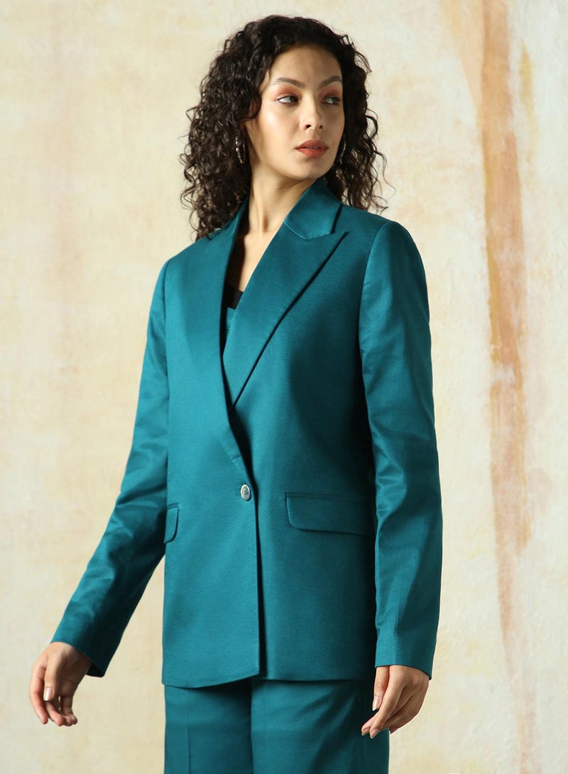 HIGH STAR Women's Deep Teal Cotton Blend Solid Oversized Blazer  - Image 2