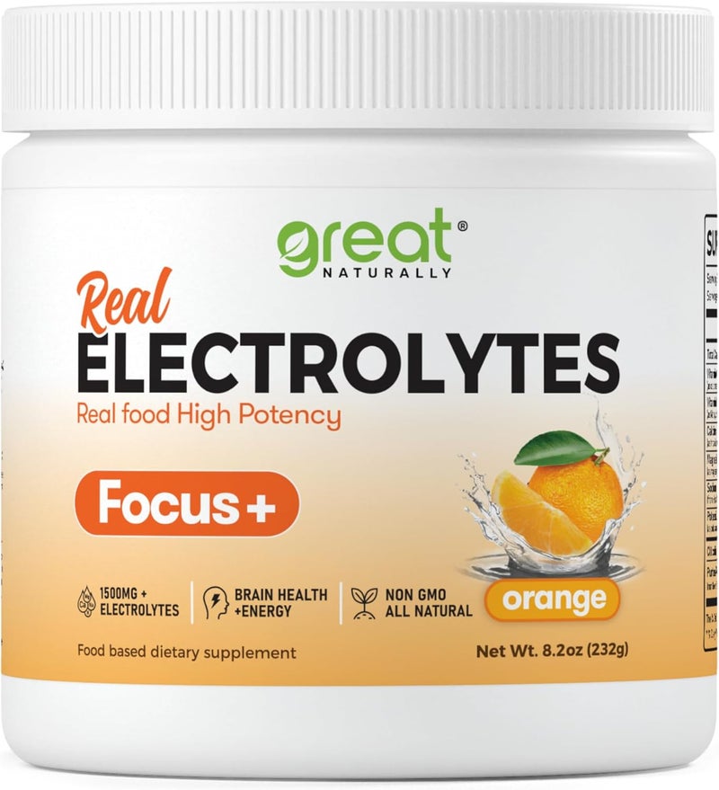 Great Naturally فوكوس أورانج نوتروبيك إلكتروليت هيدراشن دعم الدماغ لتعزيز الإدراك الذاكرة التركيز سيتوكولين كافيين عضوي ميثيل ب12 صنع في الولايات المتحدة - Image 1