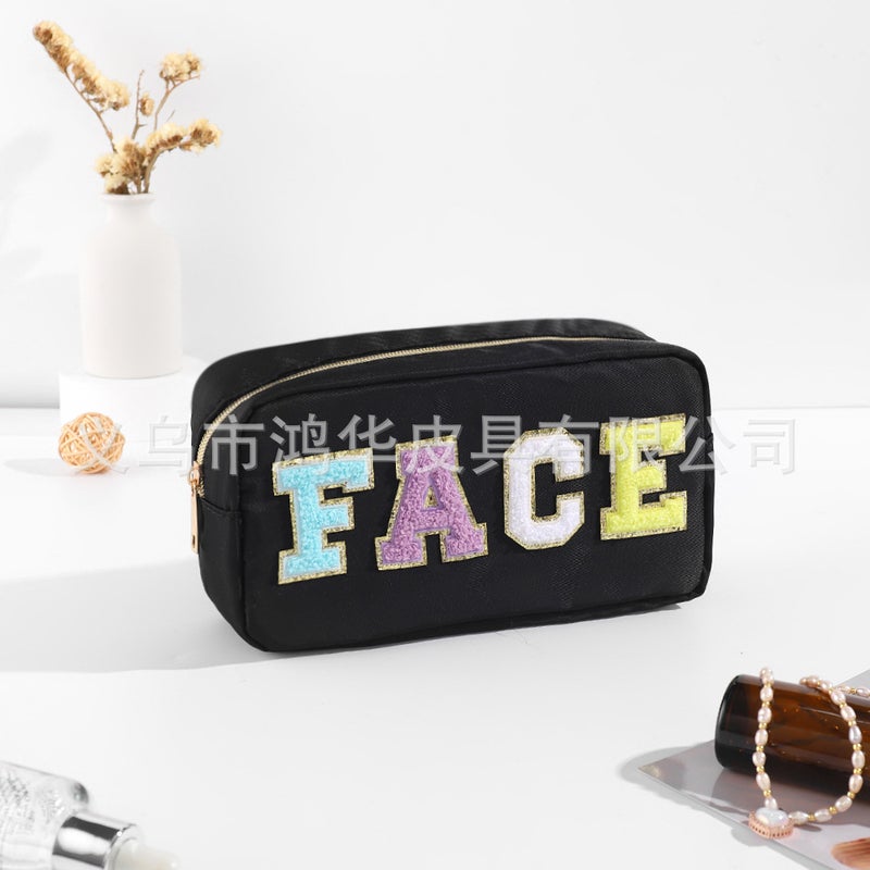 Fashion Solid Color Towel Embroidered Nylon Makeup Bag for Women Black (FACE)