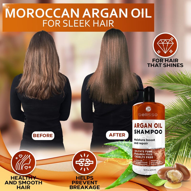 BELLISSO Argan Oil Shampoo - Sulfate Free with No Parabens - Moroccan Botanicals for Women and Men - Professional Moisturizing, Anti Frizz, Hydrating Solution for Dry, Wavy, Curly and Color Treated Hair - Image 1