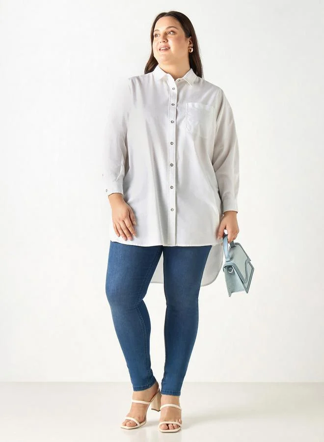 Ulla Popken Plus Size Ulla Popken High Low Shirt with Long Sleeves and Pocket