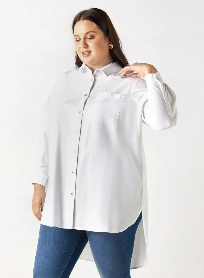 Ulla Popken Plus Size Ulla Popken High Low Shirt with Long Sleeves and Pocket