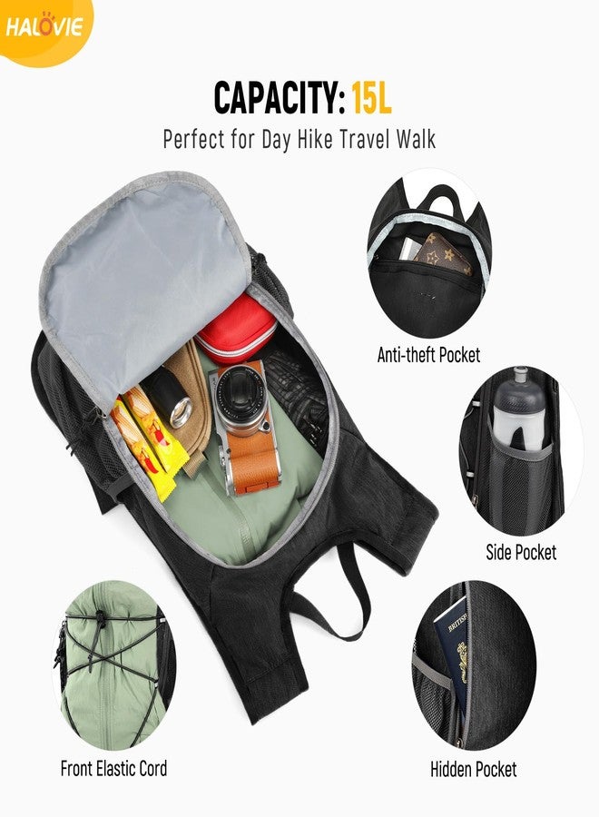 HALOVIE 15L Foldable Hiking Backpack Phone Pocket Lightweight Travel Daypack Shoulder with Chest Strap Small Packable Pack, Black, Small, Travel - Image 3