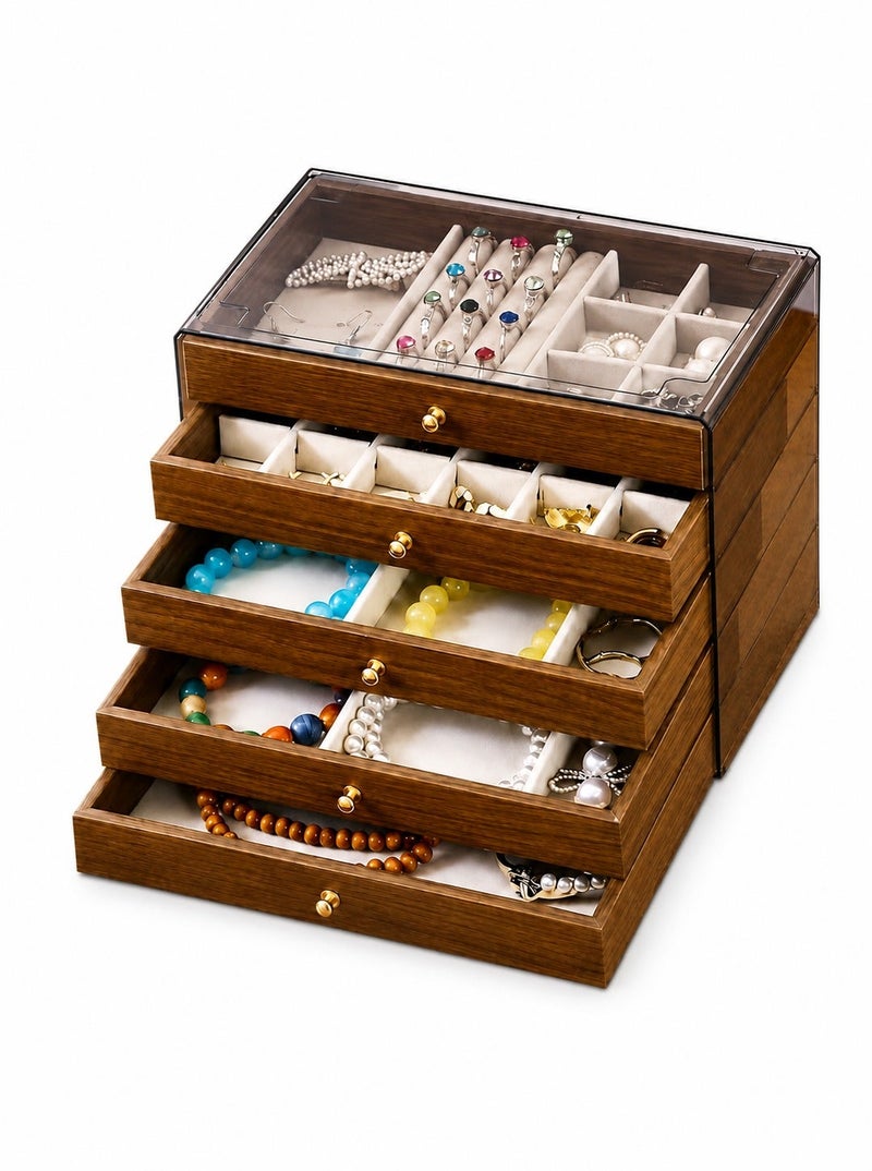 O2. 5-Layer Large Capacity Jewelry and Accessories Organizer Box with Detachable Adjustable Velvet-Lined Drawers, Dust-Resistant Storage Case for Rings, Earrings, Necklaces, Bracelets and Watches - Image 2
