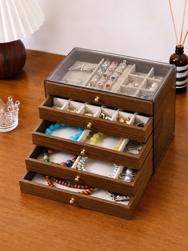 O2. 5-Layer Large Capacity Jewelry and Accessories Organizer Box with Detachable Adjustable Velvet-Lined Drawers, Dust-Resistant Storage Case for Rings, Earrings, Necklaces, Bracelets and Watches - Image 1