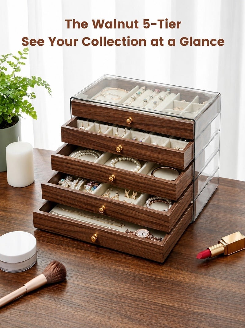 O2. 5-Layer Large Capacity Jewelry and Accessories Organizer Box with Detachable Adjustable Velvet-Lined Drawers, Dust-Resistant Storage Case for Rings, Earrings, Necklaces, Bracelets and Watches - Image 4