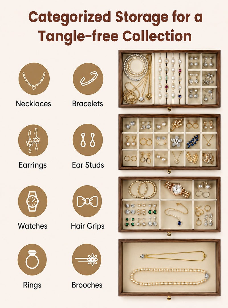 O2. 5-Layer Large Capacity Jewelry and Accessories Organizer Box with Detachable Adjustable Velvet-Lined Drawers, Dust-Resistant Storage Case for Rings, Earrings, Necklaces, Bracelets and Watches - Image 5
