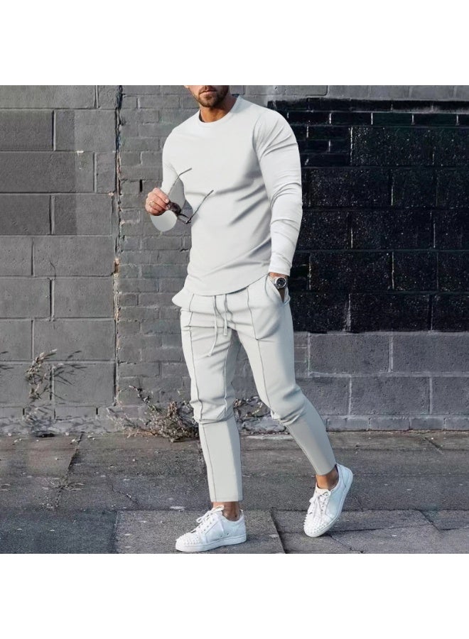 Men's Casual Long Sleeve T-Shirt And Pants Set round Neck Spring Two-Piece Pure Color Comfortable Lightweight Outfit - Image 1