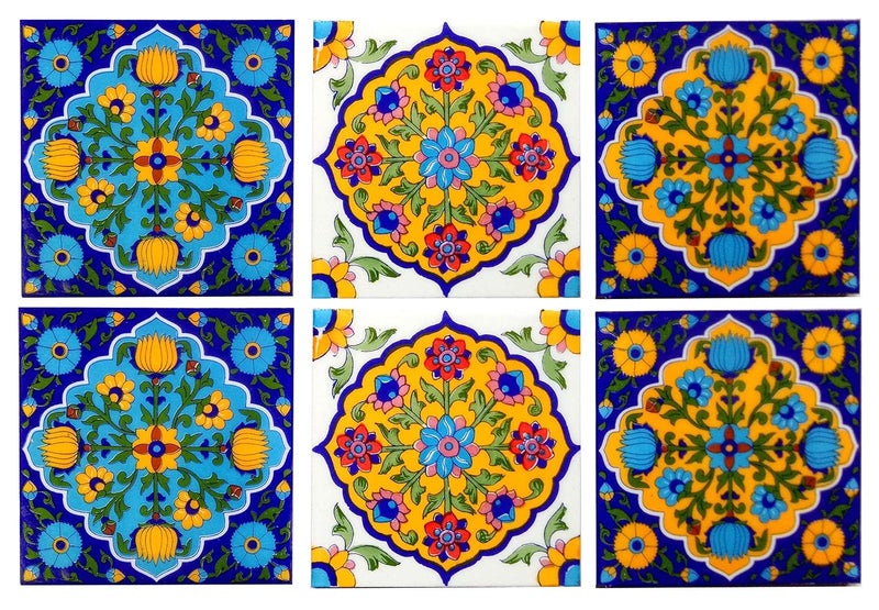 Shiv Kripa Blue Pottery Home Decor Moroccan Interior Exterior Crafted Tabletop Flooring Wall Ceramic Handcrafted Painted Wall Tiles 6 x 6 Inch Set of 6 Tiles Multi