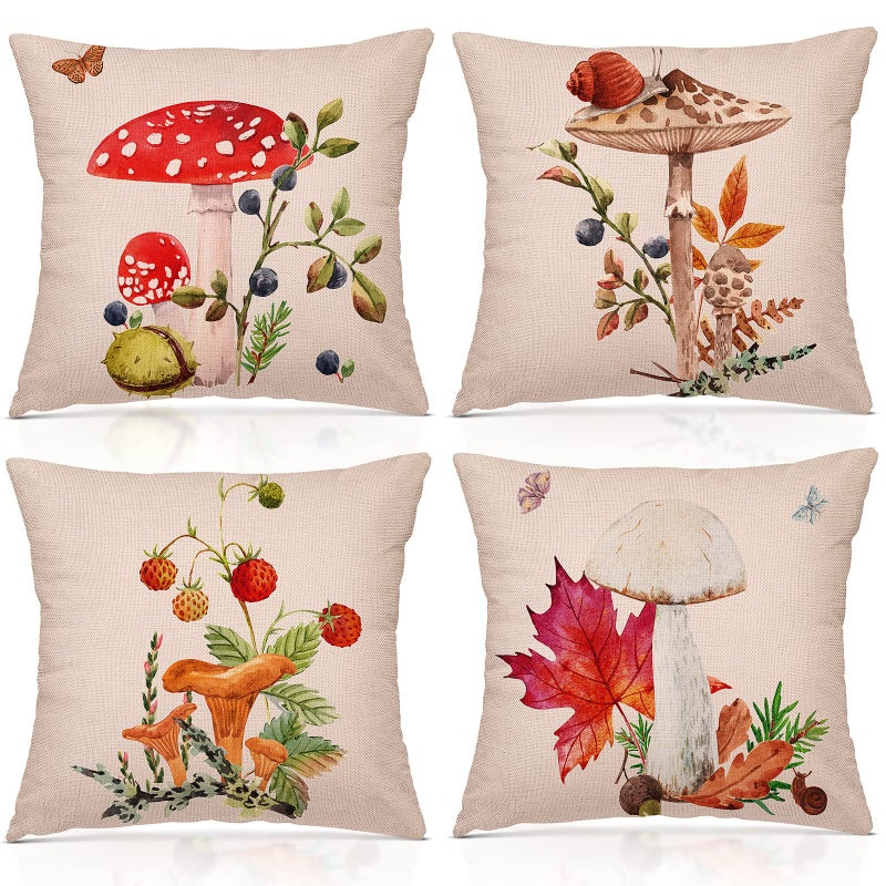Tudomro 4 Pcs Mushroom Pillow Case 18 x 18 Inch Decorative Square Couch Pillow Cover Cute Cotton Linen Throw Pillowcase for Sofa Living Room Bed Decoration 4 Styles