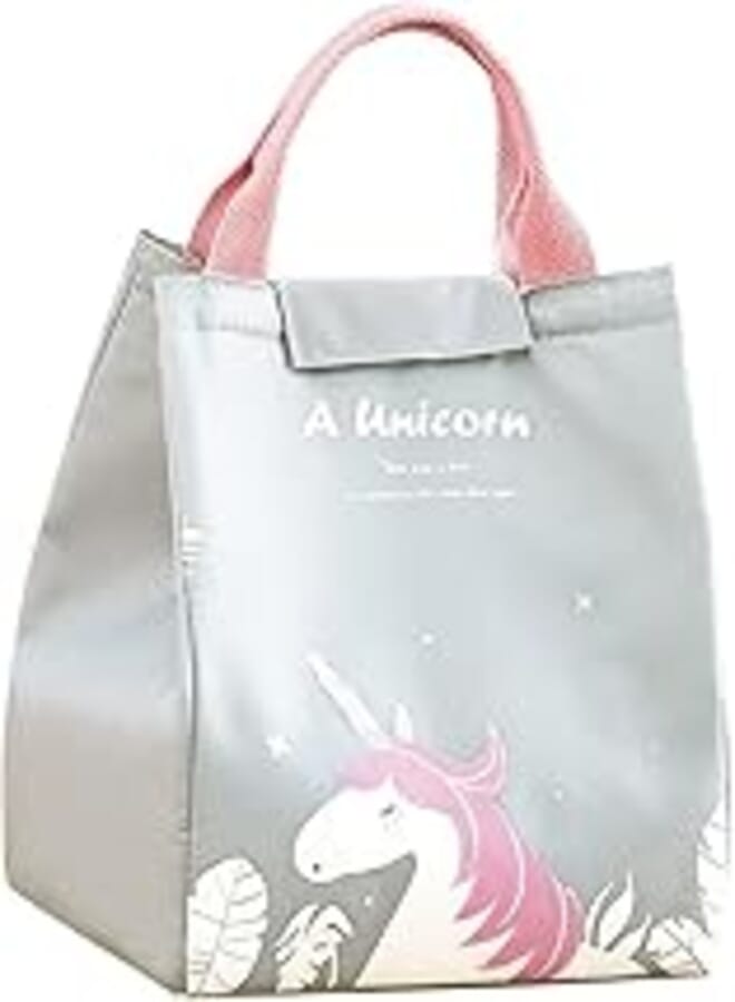 Reusable Lunch Bag Insulated Lunch Box Canvas Fabric with Aluminum Foil, Lunch Tote Handbag for Women,Men,School, Office (Unicorn green) 