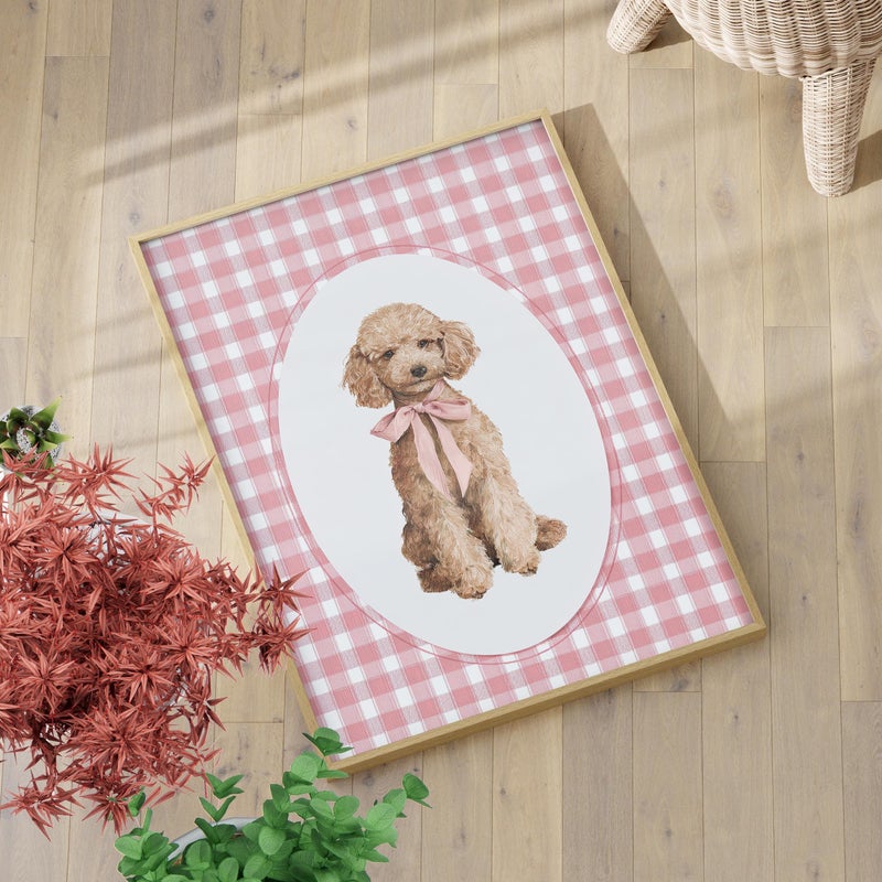 TNESSENTIAL Cute Toy Poodle Puppy Wall Art Poster or Canvas Print, Pink Gingham Dog Portrait with Bow, Whimsical Baby Girl Nursery Vintage Pet Decor - Image 1