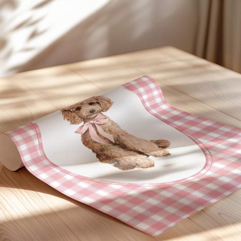 TNESSENTIAL Cute Toy Poodle Puppy Wall Art Poster or Canvas Print, Pink Gingham Dog Portrait with Bow, Whimsical Baby Girl Nursery Vintage Pet Decor - Image 2