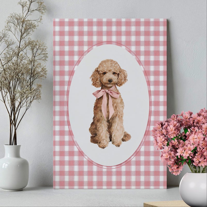 TNESSENTIAL Cute Toy Poodle Puppy Wall Art Poster or Canvas Print, Pink Gingham Dog Portrait with Bow, Whimsical Baby Girl Nursery Vintage Pet Decor - Image 5