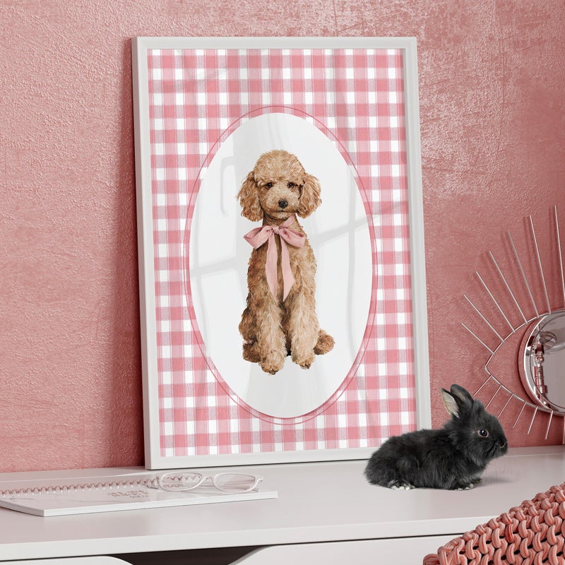TNESSENTIAL Cute Toy Poodle Puppy Wall Art Poster or Canvas Print, Pink Gingham Dog Portrait with Bow, Whimsical Baby Girl Nursery Vintage Pet Decor - Image 3