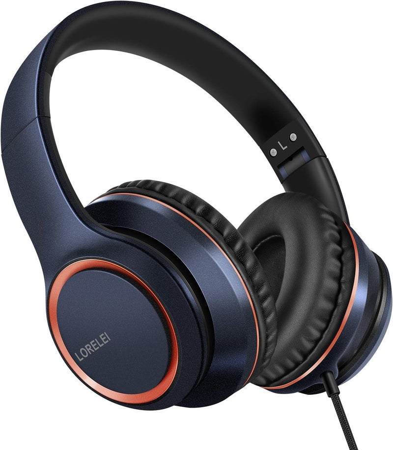 LORELEI X8 Over-Ear Wired Headphones with Microphone with 1.45m-Tangle-Free Nylon Line&3.5mm Plug,Lightweight Foldable & Portable Headphones for Smartphone,Tablet,Computer,Mp3/4(Dark Blue) - Image 1