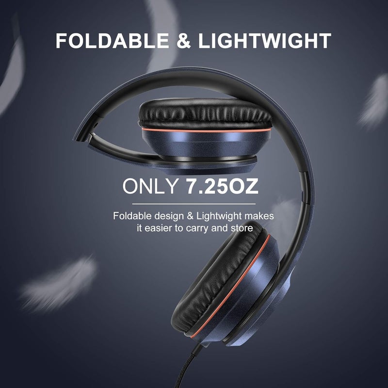 LORELEI X8 Over-Ear Wired Headphones with Microphone with 1.45m-Tangle-Free Nylon Line&3.5mm Plug,Lightweight Foldable & Portable Headphones for Smartphone,Tablet,Computer,Mp3/4(Dark Blue) - Image 4