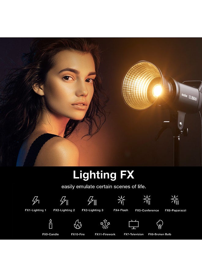 SL100Bi Compact LED Video Light Photography Fill Light 100W 2800K-6500K Bi-color Temperature Built-in 11 FX Lighting Effects CRI96+ TLCI97+ Bowens Mount