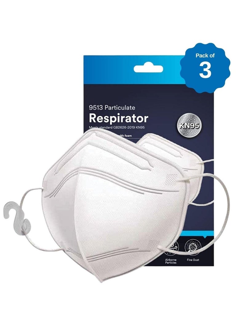 جهاز تنفس KN95 بتصميم مريح متطور لتصفية ما لا يقل عن 95٪ من الجسيمات المحمولة في الهواء والمواد المسببة للحساسية قناع الوجه 3 وحدات بيضاء - Image 1