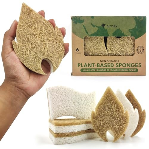AIRNEX Biodegradable Natural Dish Sponges Kitchen Pack of 6 - Leaf and S-Shaped Coconut and Cellulose Scrubbers for Dishes and Surfaces - Eco Friendly Non-Scratch Heavy Duty Dish Sponges Bulk - Image 1