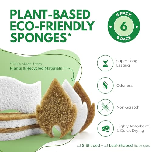 AIRNEX Biodegradable Natural Dish Sponges Kitchen Pack of 6 - Leaf and S-Shaped Coconut and Cellulose Scrubbers for Dishes and Surfaces - Eco Friendly Non-Scratch Heavy Duty Dish Sponges Bulk - Image 2