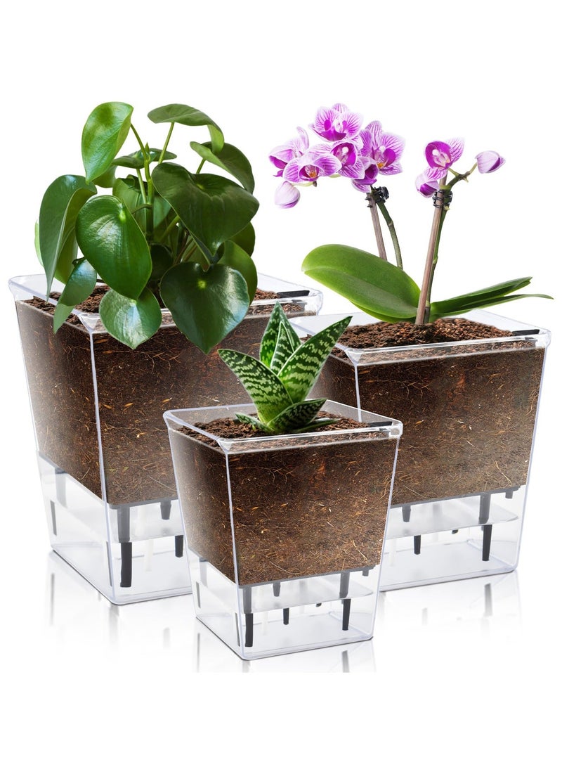 مجموعة من 3 أوعية ري ذاتية، أوعية ري ذاتية مقاس 5/4.1/2.7 بوصة للنباتات الداخلية، أوعية بلاستيكية شفافة للري الذاتي مع خزان عميق لنباتات العنكبوت، وبساتين الفاكهة، والبنفسج الأفريقي، واللبلاب - Image 1