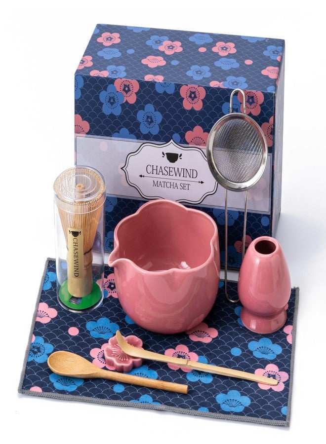 ChaseWind Matcha Set, 8Pcs Floral Ceramic Matcha Set with Matcha Whisk, Holder, Scoop, Scoop Rest, Sifter, Spoon and Tea Towel - Thoughtful Matcha Whisk Set Gift for Matcha Lovers (Pink) - Image 1